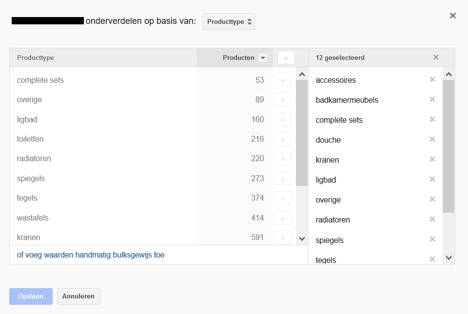 productGoogle Shopping productfeed uitsplitsen op producttype